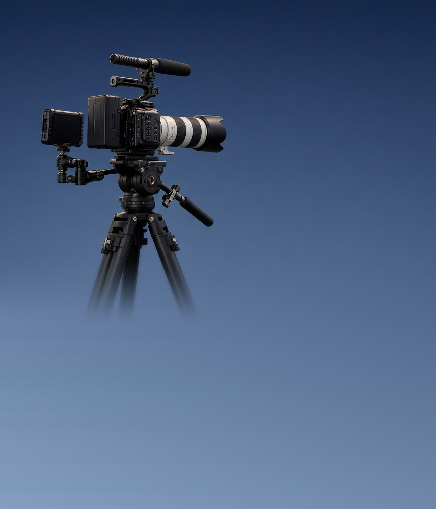 A Canon C300 Mark III cinema rig on a tripod, framed against a clear twilight sky